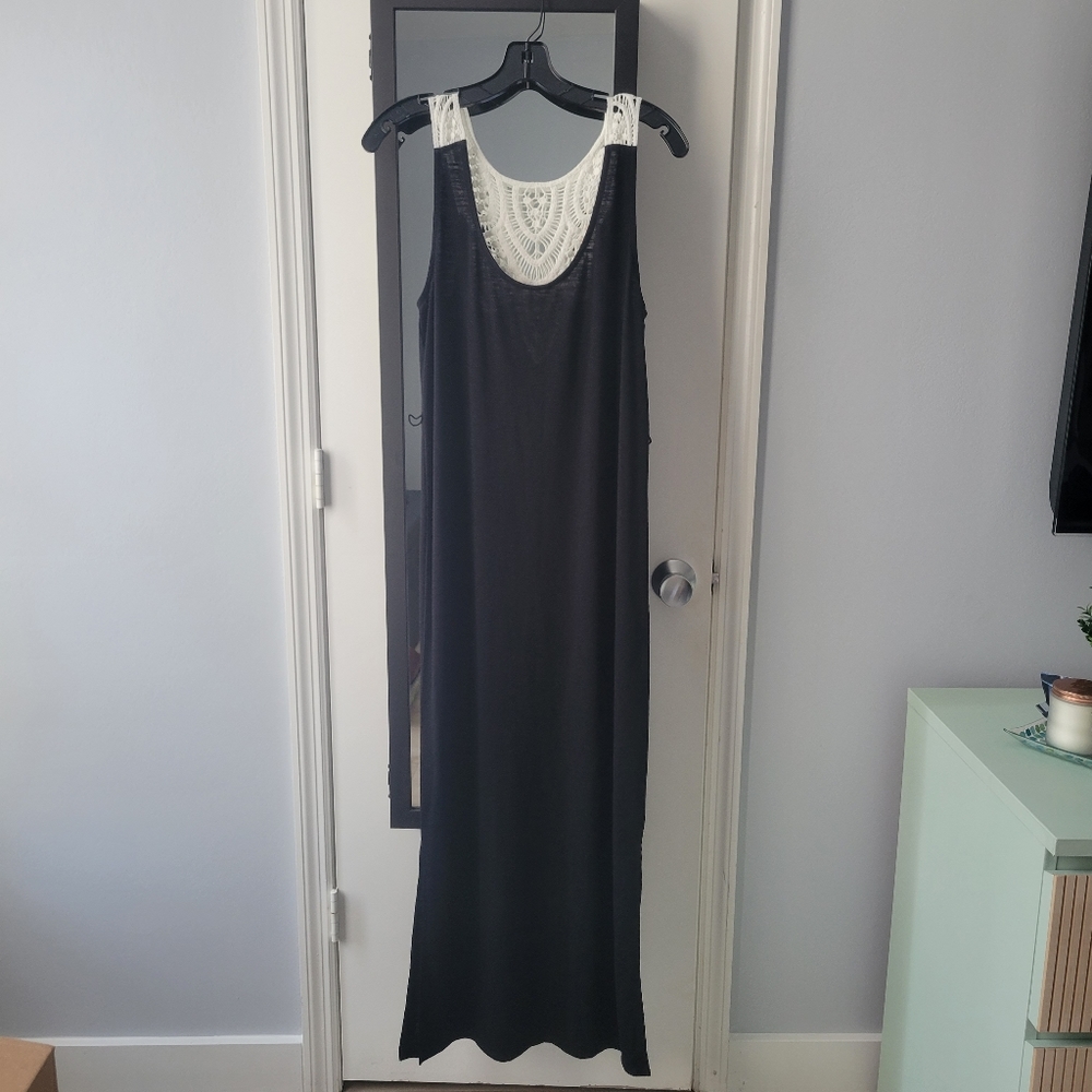 Merona long black tank dress with cream crochet back.